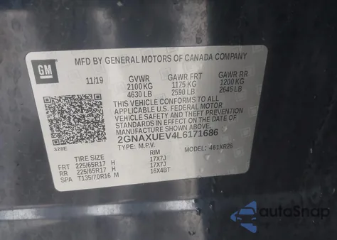 2020 Chevrolet Equinox Awd Lt 1.5L Turbo from USA, damaged, VIN 2GNAXUEV4L6171686